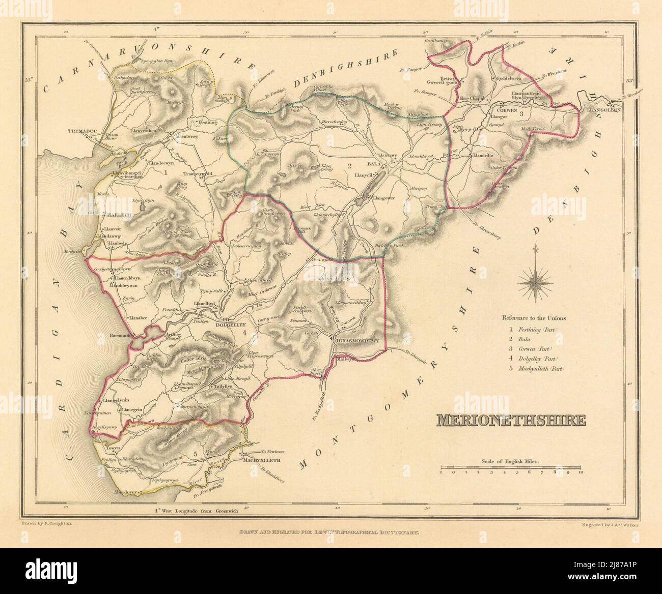Carte antique du comté de MERIONETHSHIRE par Creighton & Walker pour Lewis c1840 Banque D'Images