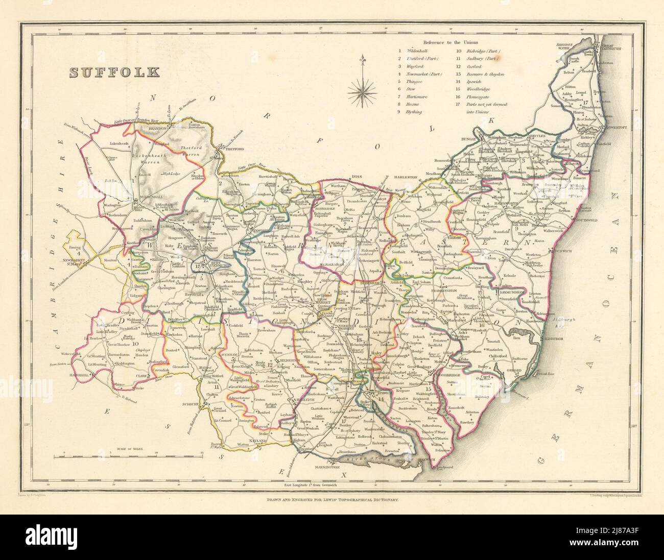 Carte du comté de Suffolk antique par Creighton & Starling pour Lewis c1840 old Banque D'Images