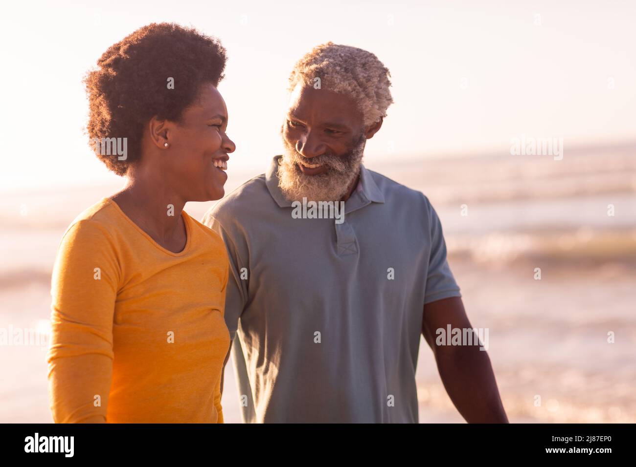 Joyeux couple afro-américain parlant en se tenant contre la mer et ciel clair au coucher du soleil Banque D'Images