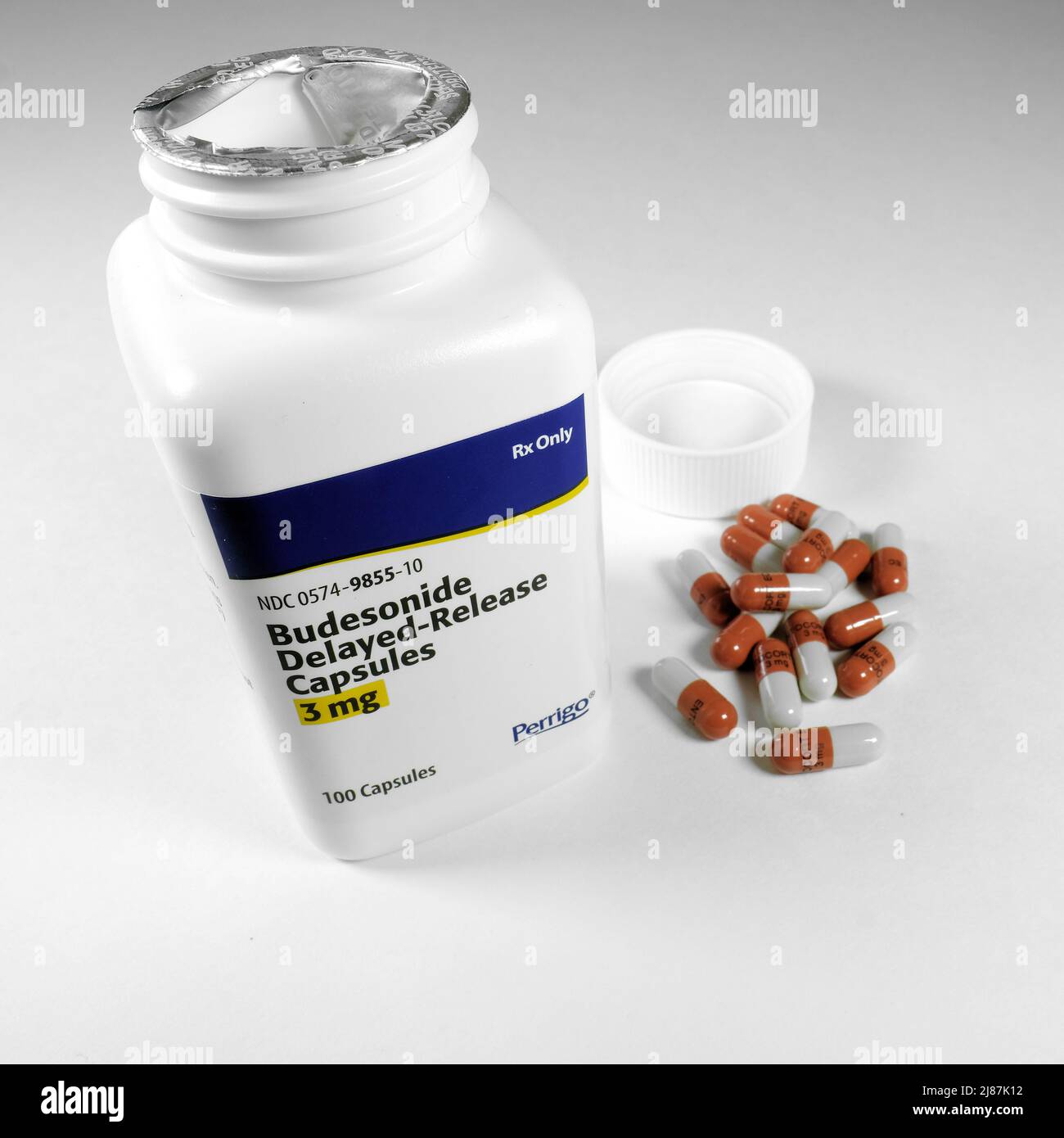 Perrigo Pharmaceuticals Entocort budésonide capsules; médecine de gastro-entérologie pour la maladie de Crohn, la colite ulcéreuse et les affections gastro-intestinales Banque D'Images