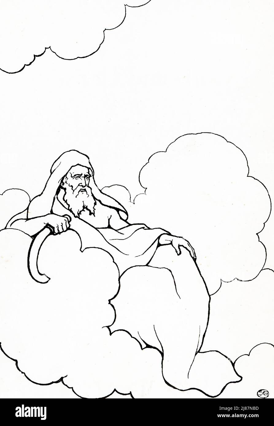 Saturne (représenté dans cette illustration de 1915) était l'un des Titans qui régnaient autrefois sur la terre dans la mythologie grecque et romaine. Pour éviter cela, la réponse de Saturne, il a mangé ses enfants dès qu'ils sont nés. Mais la mère de ses enfants, Rhea, a caché un enfant, Zeus (Jupiter aux Romains). Une fois que Zeus a grandi, il a donné une potion à son père, le forçant à régurgiter ses frères et sœurs. Avec ses frères et sœurs, Zeus défait alors son père et devient roi des dieux et des hommes, avec sa maison sur le Mont Olympe. Banque D'Images
