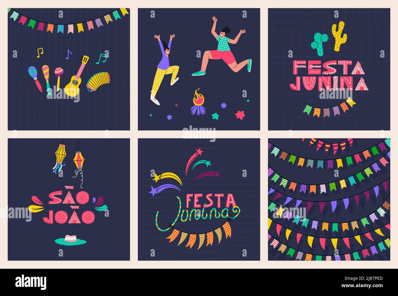 Ensemble de dessins pour cartes postales et affiches pour la célébration de la fête de Saint-Jean. Texte en portugais São João - Saint John, festa junina - juin Illustration de Vecteur