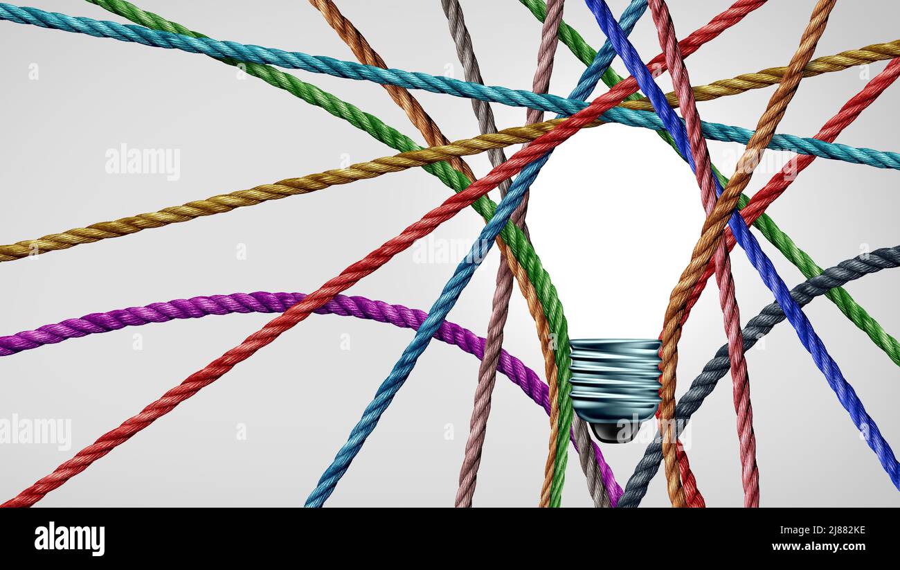 Des idées de diversité et une pensée de groupe diversifiée connectée avec des cordes en forme d'ampoule lumineuse comme un concept de connexion pour les affaires ou les médias sociaux. Banque D'Images