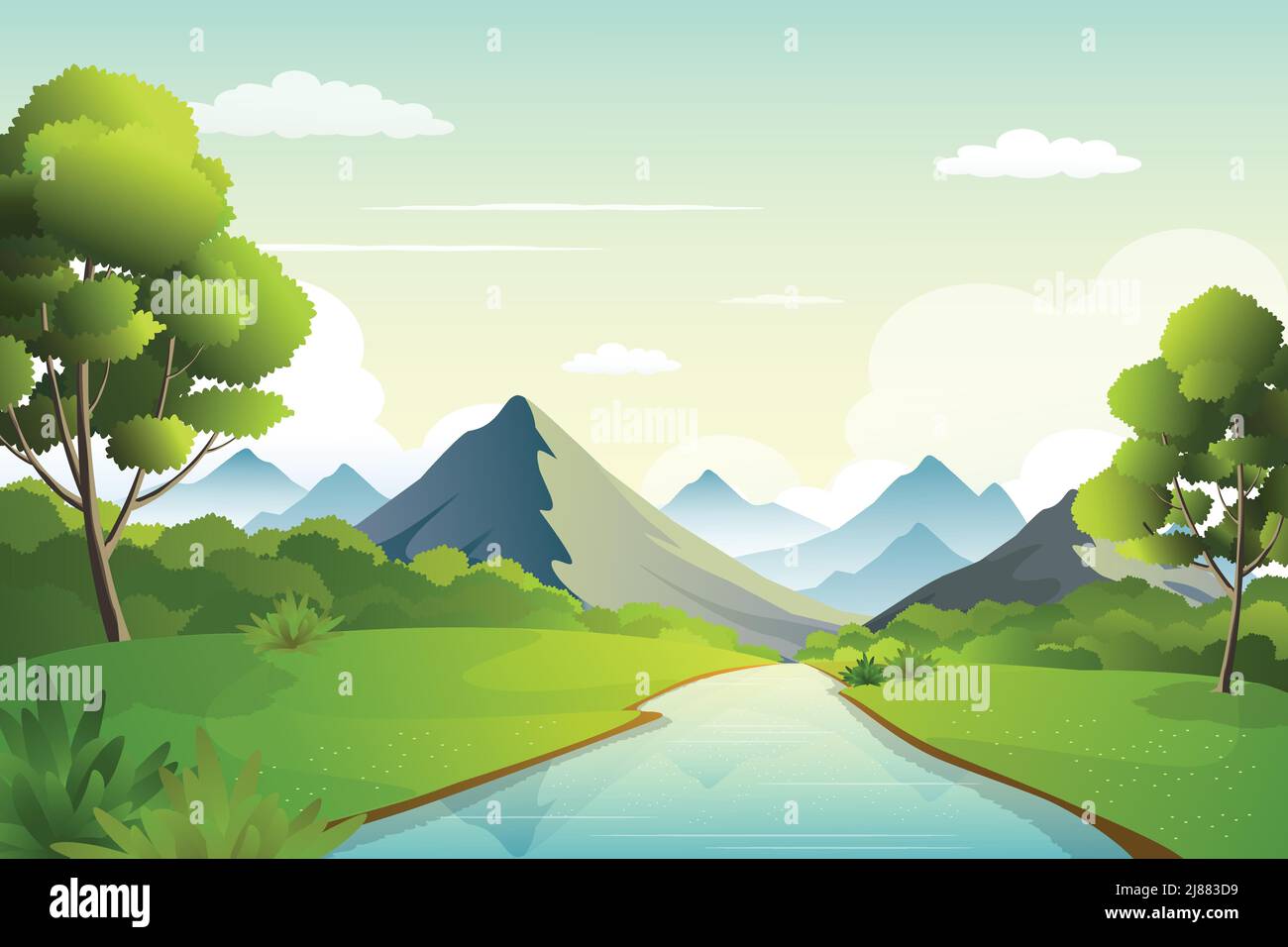 Paysage de nature au bord de la rivière avec chaîne de montagnes à l'horizon, buissons verts et illustration vectorielle de paysage de rivière. Illustration de Vecteur