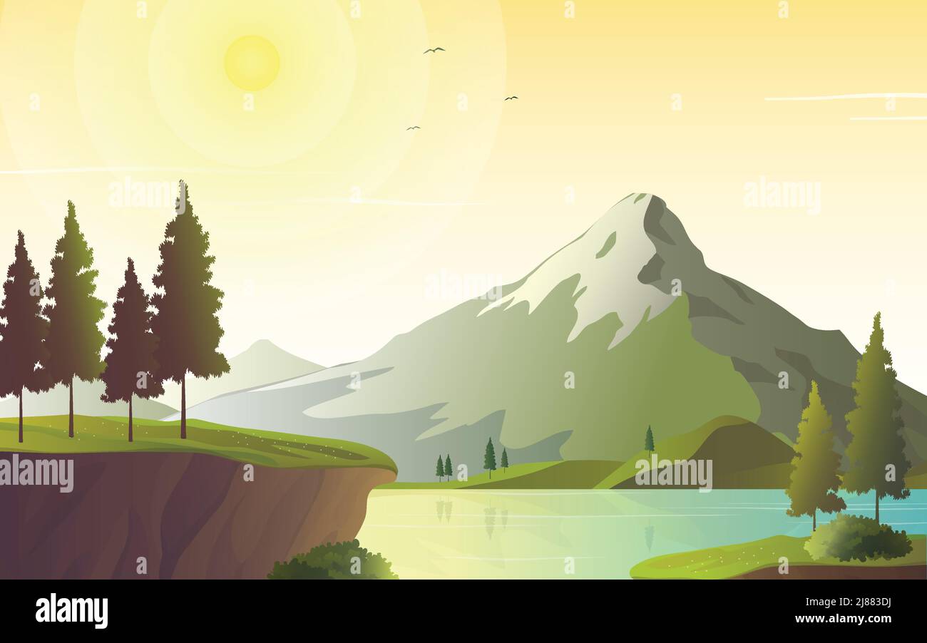 Paysage de nature de lac avec lumière du soleil et illustration de vecteur de montagne. Illustration de Vecteur