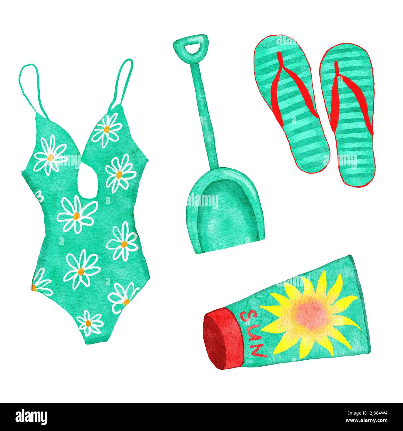 Watecolor a dessiné à la main illsufiltration en turquoise rouge jaune couleurs de maillot de bain maillot de bain bikini, pelle de plage rayures tongs sandales, crème solaire spf. Plage océan mer vacances éléments de vacances, coloré lumineux design clipart Banque D'Images