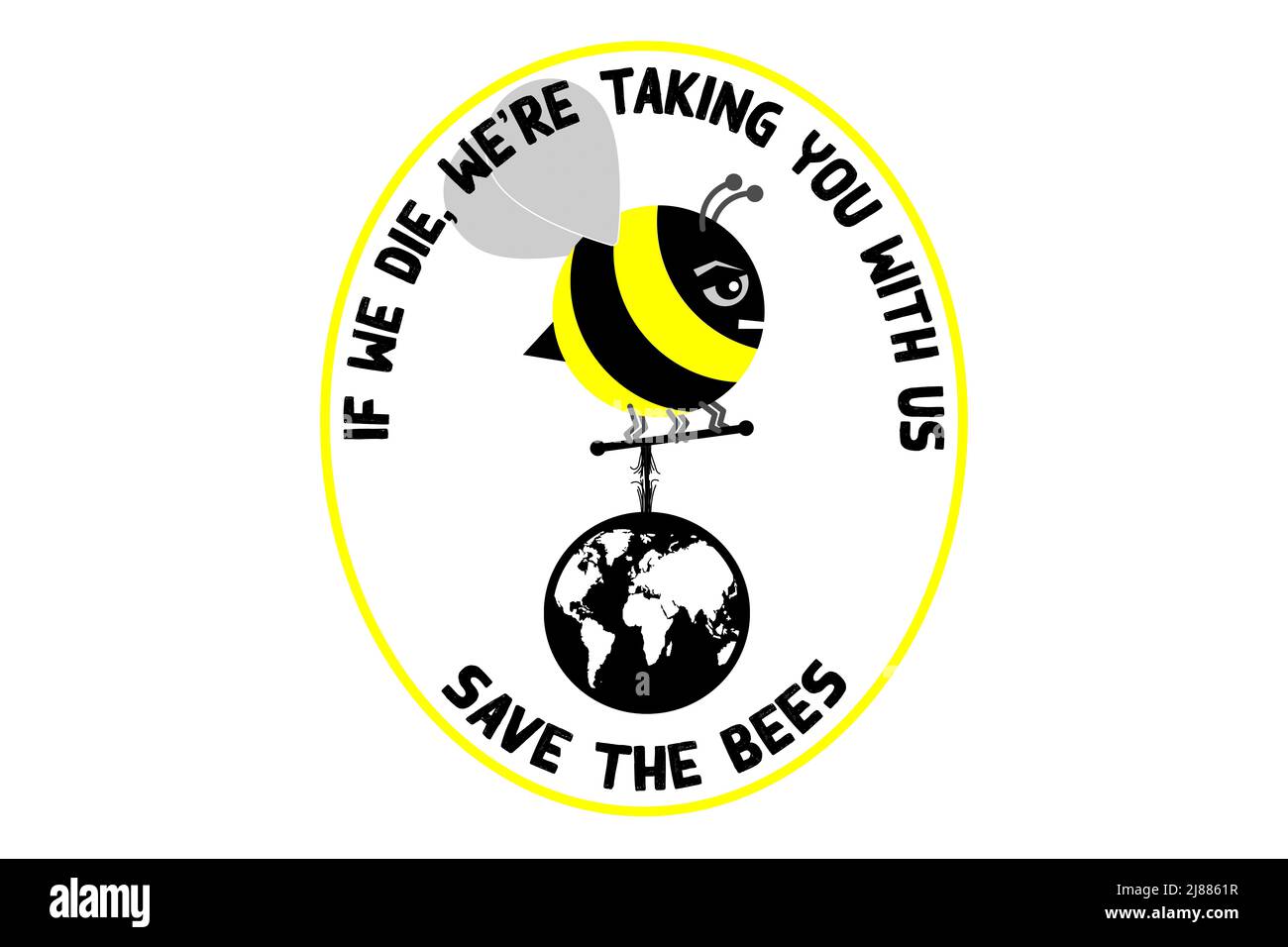 Si nous mourons, nous vous emmenons avec nous, sauvez les abeilles, une abeille en colère transportant le monde sur une corde effilochée, la perte d'insectes par la pollution et le climat Banque D'Images