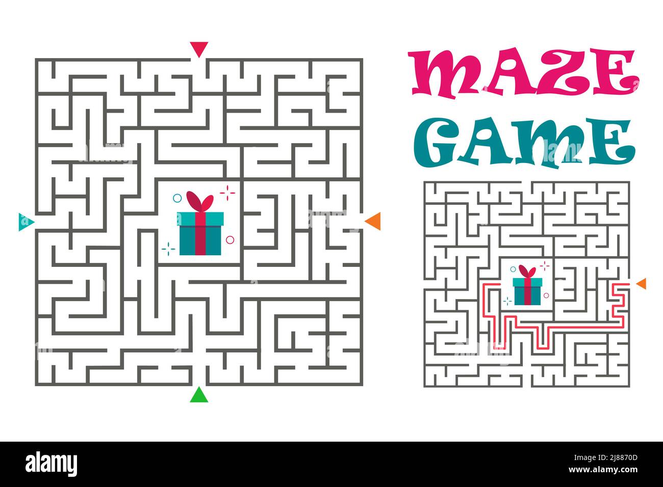 Jeu de labyrinthe carré pour enfants. Casse-tête logique. Quatre entrées et une voie à droite. Illustration vectorielle plate Illustration de Vecteur