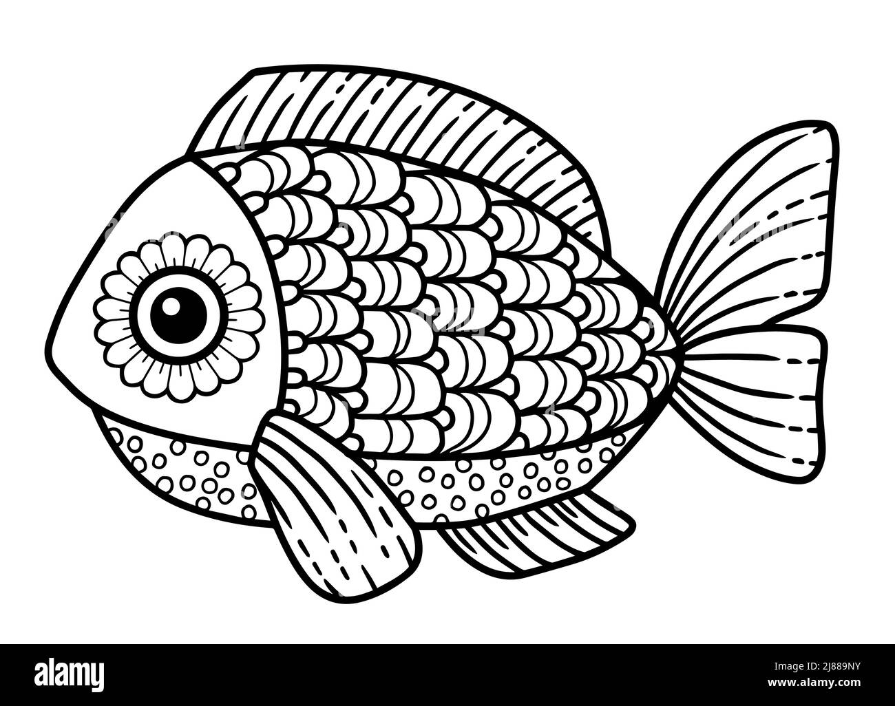 Page de livre de coloriage vectoriel pour adulte. Poisson avec motif détaillé isolé sur fond blanc, design mandalas, design art de ligne Illustration de Vecteur