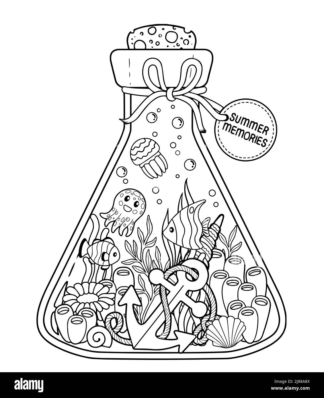 Page de livre de coloriage noir et blanc pour adulte. La vie sous-marine dans une bouteille de verre, des créatures marines, des algues et des coquillages pour des souvenirs d'été Illustration de Vecteur