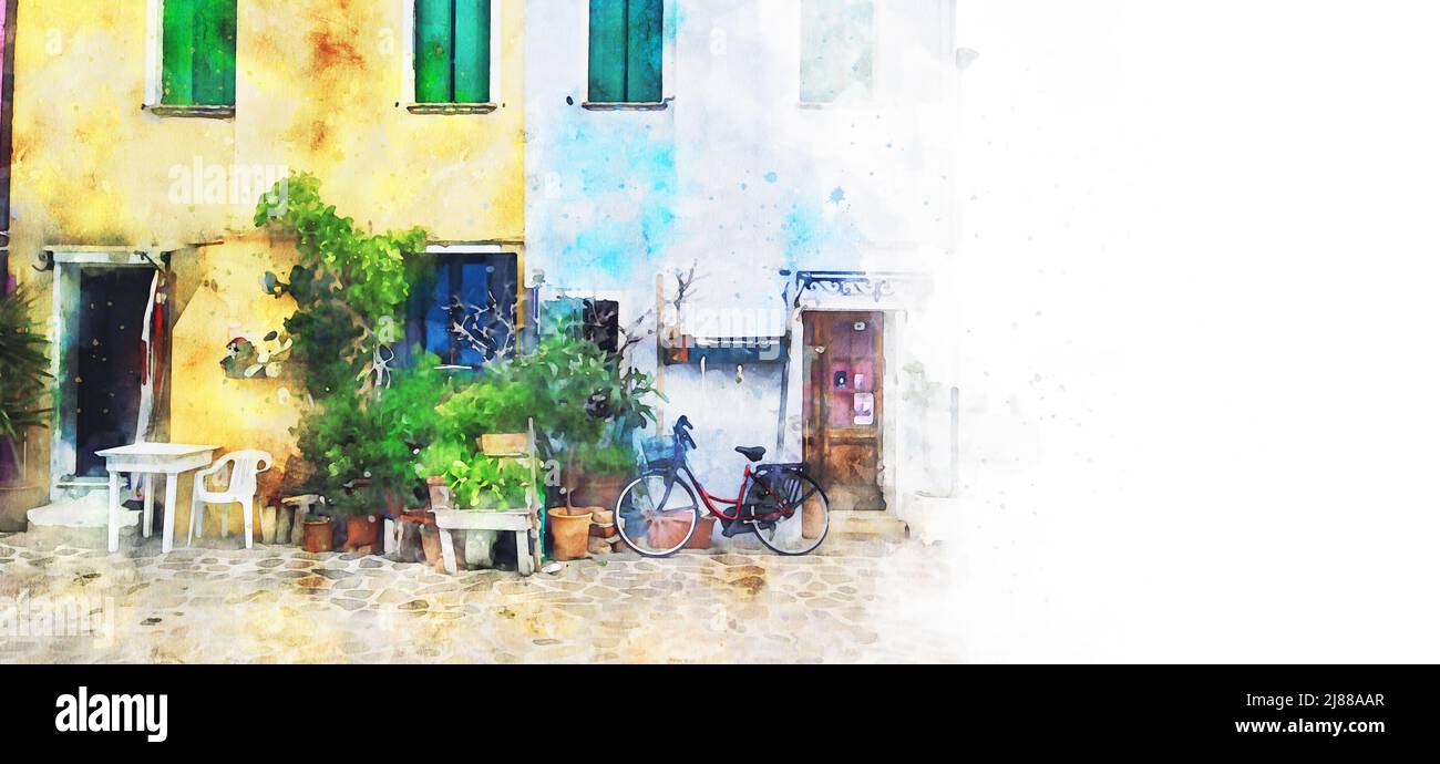 Burano, Venise, Italie, dessin à l'aquarelle. Carte postale d'art avec vue sur la rue et la maison Burano, espace copie Banque D'Images