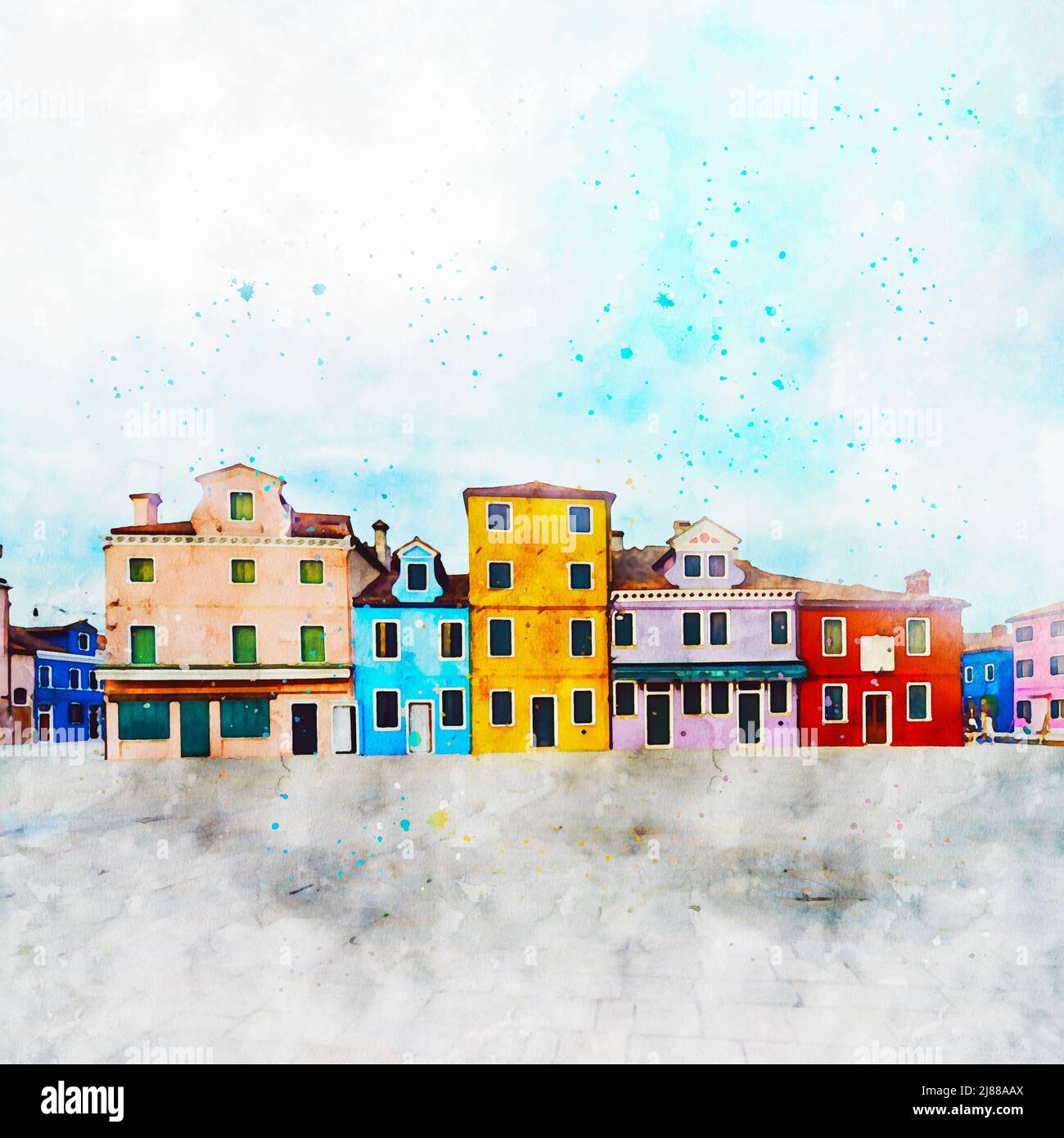 Burano, Venise, Italie, dessin à l'aquarelle. Maisons colorées et rues de l'île de Burano Venise. Carte postale touristique d'art de Burano, Italie Banque D'Images