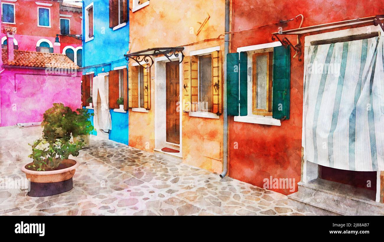 Burano, Venise, Italie, dessin aquarelle. Belle vue sur les vieilles maisons colorées, rue de la vieille ville européenne. Carte postale d'art avec vue sur Burano, Veni Banque D'Images