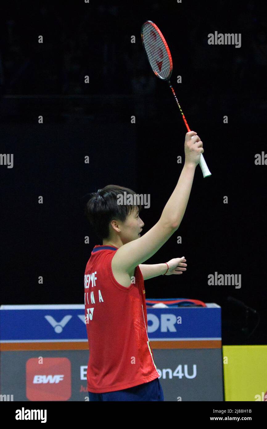 Bangkok, Thaïlande. 14th mai 2022. Chen Yufei, de Chine, réagit au match des célibataires contre un jeune de Corée du Sud lors du match final au tournoi de badminton de la coupe Uber à Bangkok, en Thaïlande, le 14 mai 2022. Credit: Rachen Sageamsak/Xinhua/Alay Live News Banque D'Images