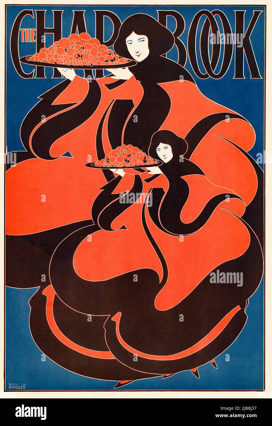 Une 19th affiche Art Nouveau américaine de la fin du siècle, de jeunes femmes portant des plateaux de nourriture pour le livre CHAP, un magazine littéraire américain entre 1894 et 1898. L'artiste est will Bradley (1868-1962) Banque D'Images