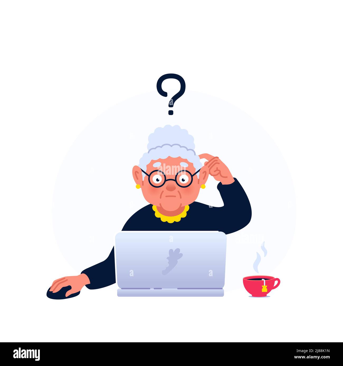 Une petite-mère adorable qui travaille sur un ordinateur portable. Une vieille femme avec un point d'interrogation au-dessus de la tête égratigante l'arrière de sa tête assise devant un ordinateur portable Illustration de Vecteur