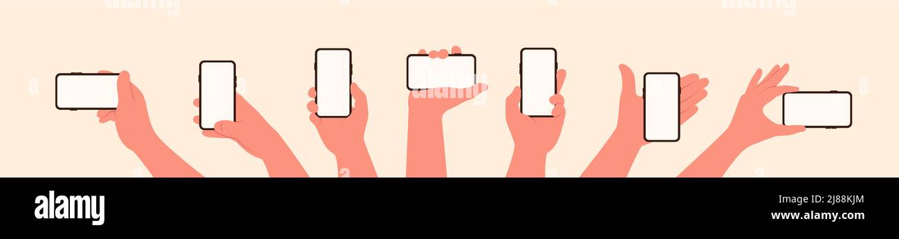 Tenez le téléphone portable dans la paume en position horizontale et verticale avec un écran vide dans différentes positions illustration vectorielle de style plat Illustration de Vecteur