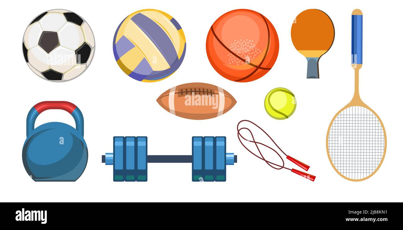 Équipement sportif pour athlètes. Jeu d'outils. Symbole, icône. Isolé sur fond blanc. Illustration vectorielle colorée. Illustration de Vecteur