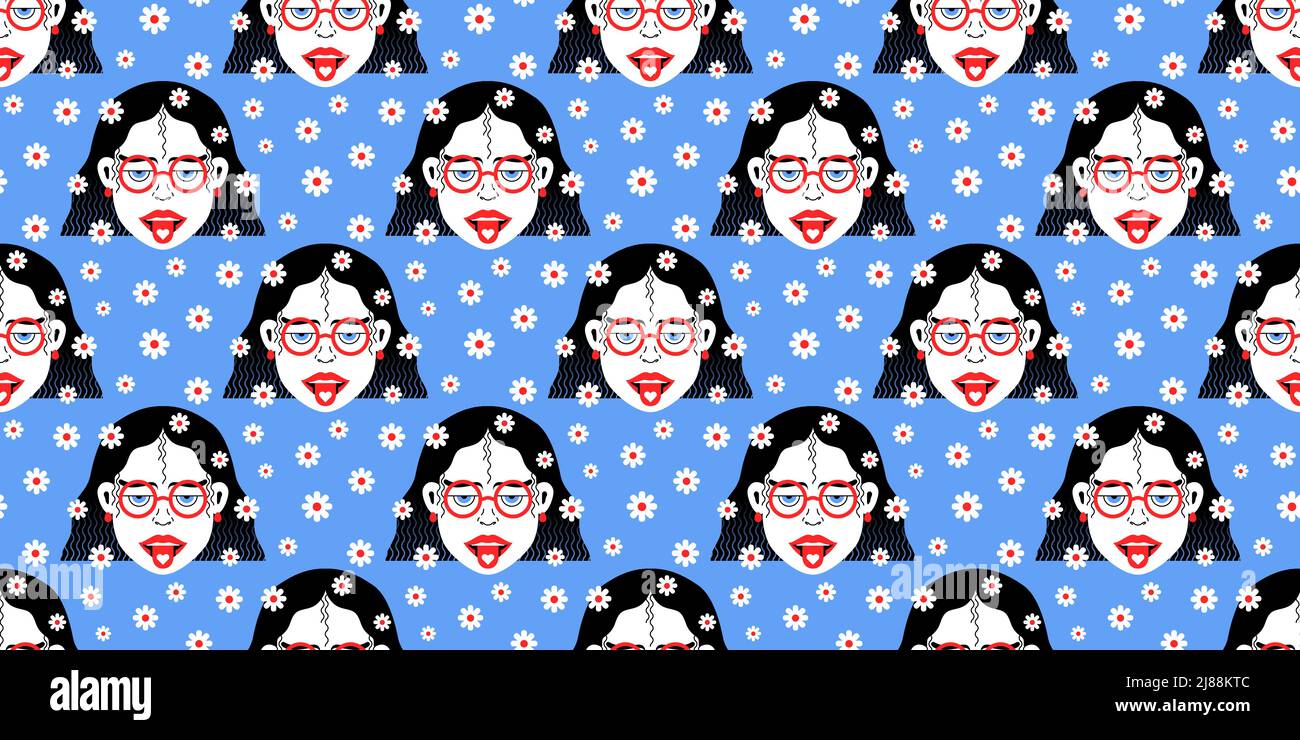 Tête hippie fille avec coeur sur la langue et les fleurs Marguerite dans le style graphique pop sans couture motif Illustration de Vecteur