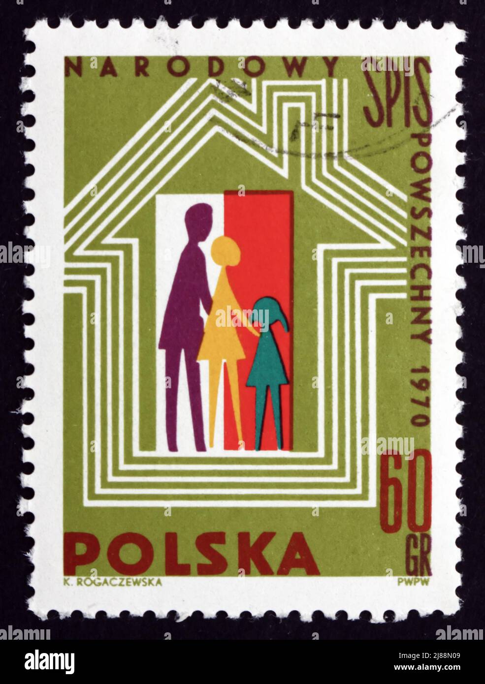 POLOGNE - VERS 1970 : un timbre imprimé en Pologne montre la famille, le foyer et le drapeau polonais, recensement national polonais, 1970, vers 1970 Banque D'Images