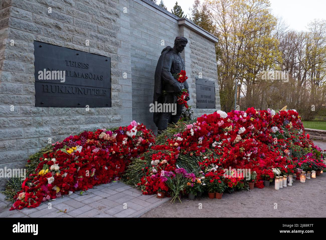 Tallinn, Estonie - 12 mai 2022 : monument du Soldat de bronze (est: Pronkssõdur). Les anciens combattants de l'Armée rouge célèbrent le jour de la victoire en apportant des fleurs de la nation rouge Banque D'Images