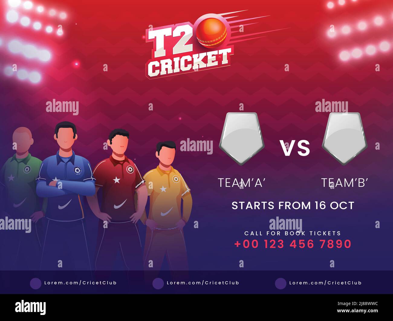 T20 match de cricket entre l'équipe A VS B avec des joueurs internationaux de cricket sans visage sur fond de lignes Zigzag rouge et violet. Illustration de Vecteur