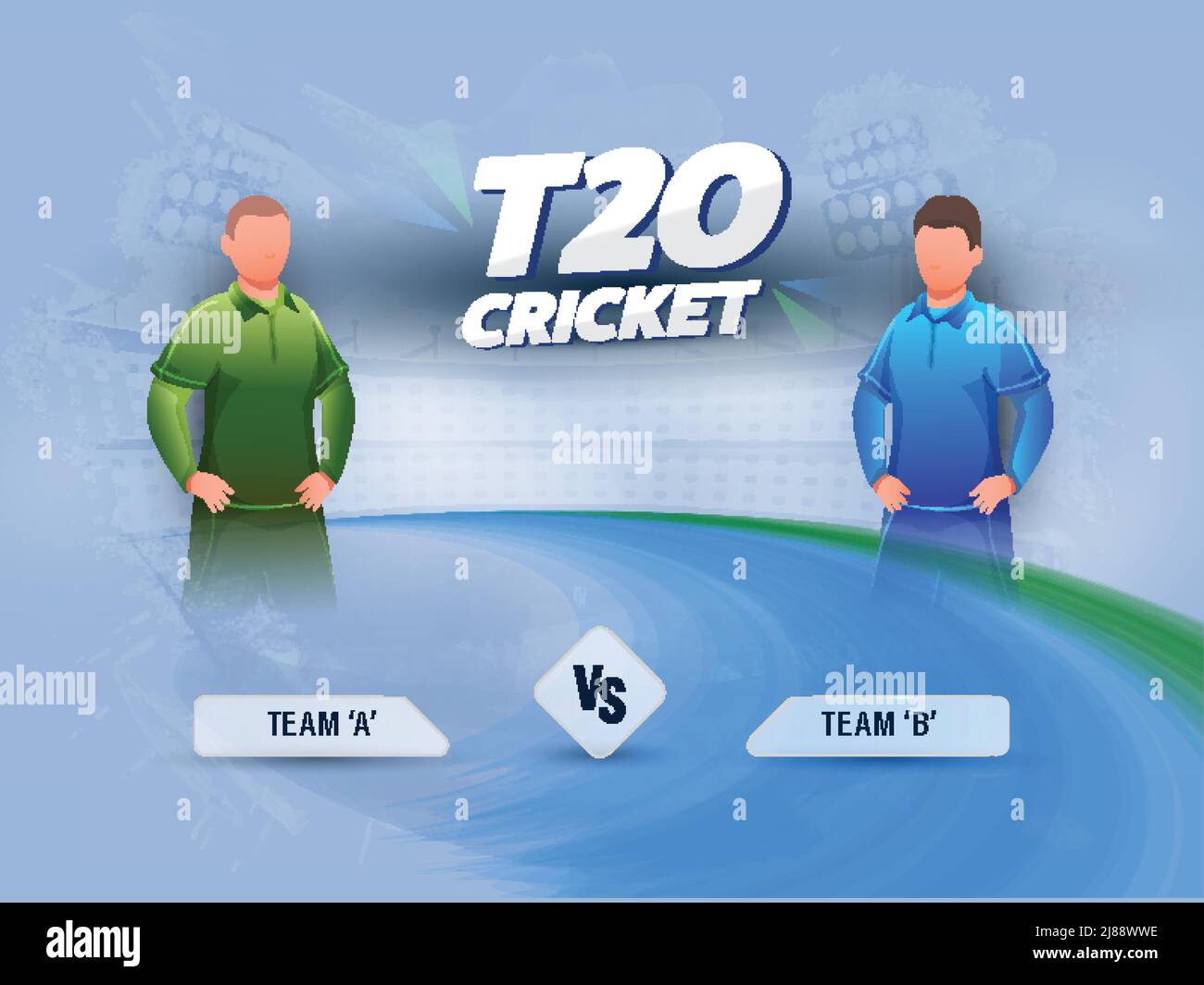 T20 match de cricket entre l'équipe A VS B et les joueurs de cricket sans visage sur fond bleu abstrait. Illustration de Vecteur