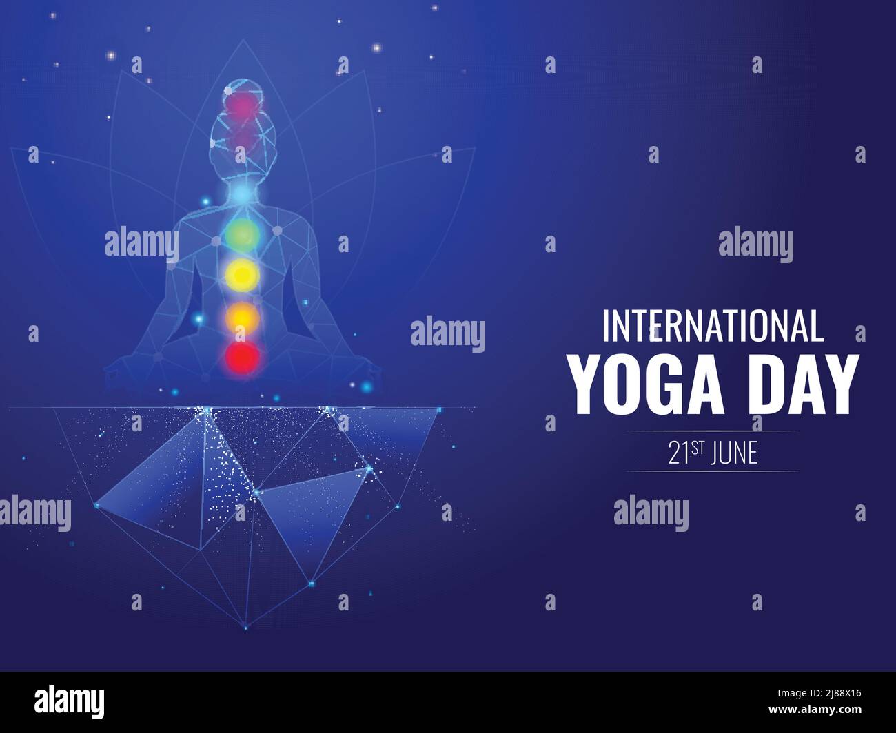 21th juin, concept de la Journée internationale de Yoga avec méditation féminine et 7 symboles Chakras corps en effet Polygon sur fond bleu brillant. Illustration de Vecteur