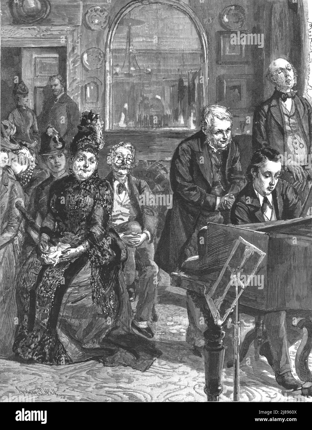 ''ce mariage malheureux, par Francis Eleanor Trollope, au piano s'assit un jeune gentleman au devant lisse jouant une série de discordes incohérentes avec un air de calme détermination', 1888. Depuis, « The Graphic. Un journal hebdomadaire illustré Volume 38. Juillet à décembre, 1888'. Banque D'Images