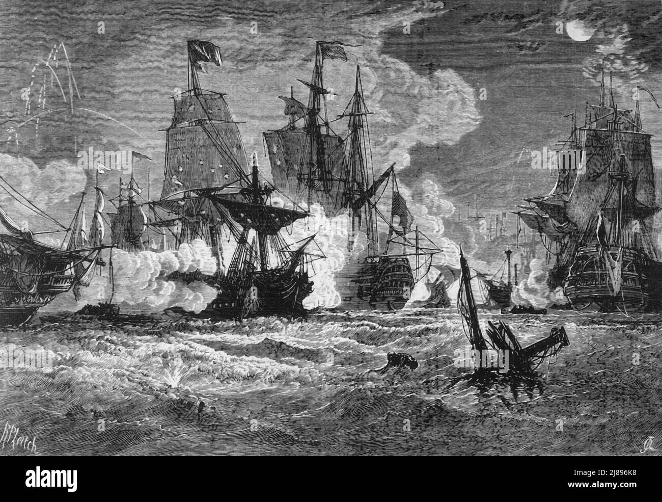 'Action navale entre les Britanniques et les Français sur les routes de Pondichéry', c1891. Tiré de "Cassell's Illustrated History of India vol. I", par James Grant. [Cassell Petter & amp ; Galpin, Londres, Paris et New York] Banque D'Images