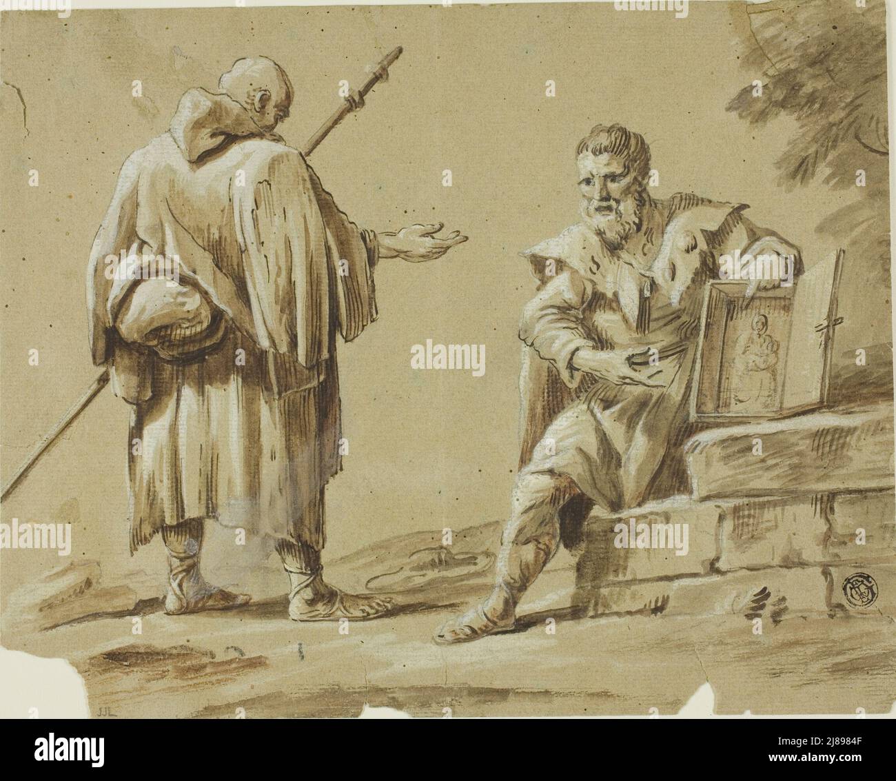 Deux pèlerins avec le Sanctuaire portable, s.d. Banque D'Images