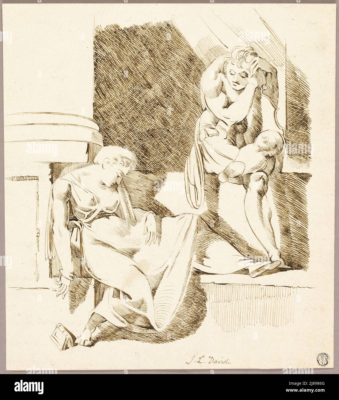 Assis Troubadour regardant la femme endormi sur Ledge, s.d. Banque D'Images