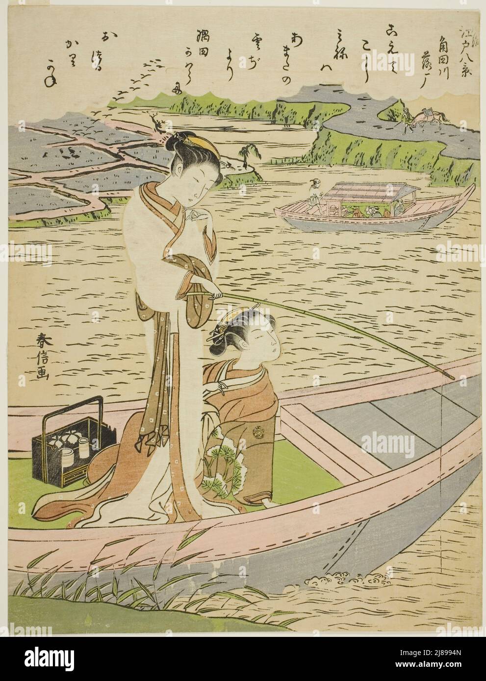 Oies descendant sur la rivière Sumida (Sumidagawa no rakugan), de la série "huit vues à la mode de Edo (Furyu Edo hakkei)", c. 1768/69. Banque D'Images