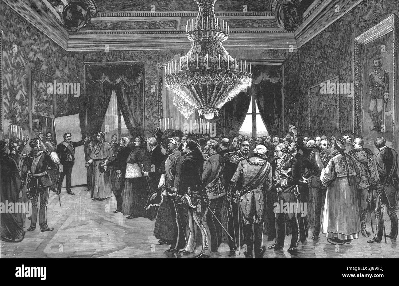 ''son Excellence le Président du Conseil ministériel annonçant la naissance du jeune roi d'Espagne au Palais Royal de Madrid',1886. 1890. Banque D'Images