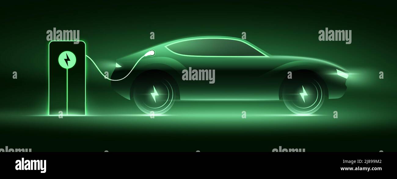 Recharge de voiture électrique sur la station, illustration vectorielle. Véhicule EV au néon vert qui remplit une batterie. Conception moderne d'un vus hybride ou d'une voiture de sport avec symbole de tension sur les roues. Illustration de Vecteur