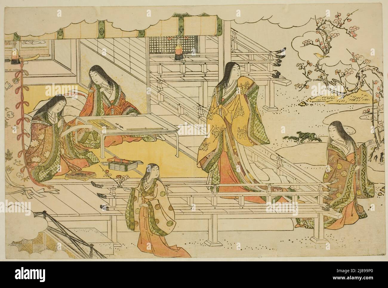La première Calligraphie du nouvel an (Kissho hajime), du livre illustré "couleurs de l'Aube triple (Saishiki mitsu no asa)", c. 1787. Banque D'Images