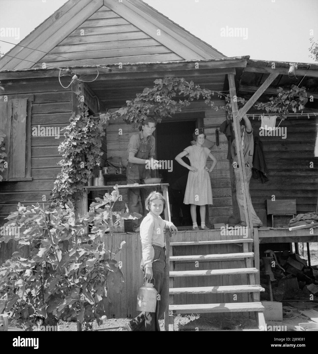 Les enfants du fermier de saut, le petit propriétaire, et arrière-cour de la maison. Oregon, comté de Polk, près de l'indépendance. Banque D'Images