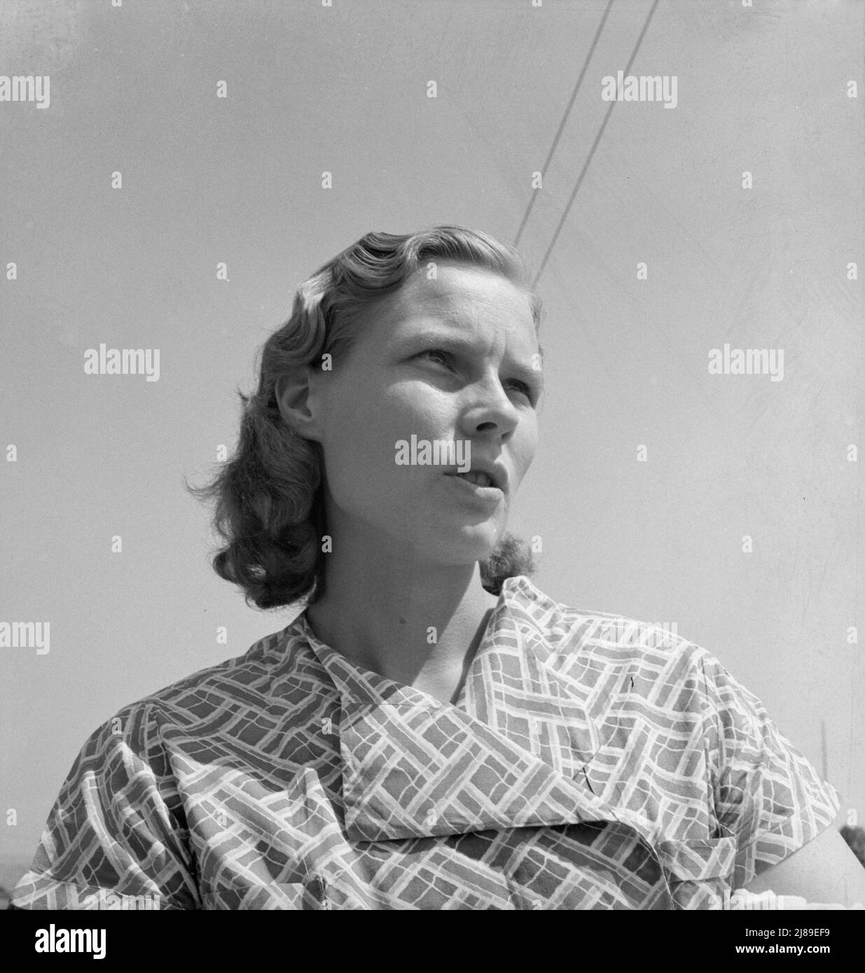 Oregon, Comté de Klamath, Merrill. Jeune femme d'une ferme du Dakota du Sud, où vit encore sa famille. Elle et son mari sont des travailleurs migrateurs et vivent dans une cabane dans le comté de Klamath, en attendant l'ouverture de la récolte de pommes de terre. "Mon mari vient juste les travaux de jour.". Banque D'Images