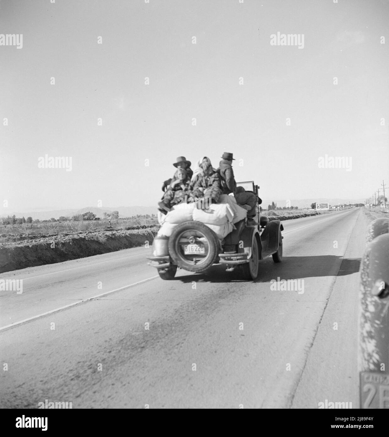 Huit personnes apparentées viennent d'arriver dans ce roadster du Texas. À la recherche d'un emploi comme cueilleurs de pois. Sur les États-Unis 80. Imperial Valley, Californie. Banque D'Images