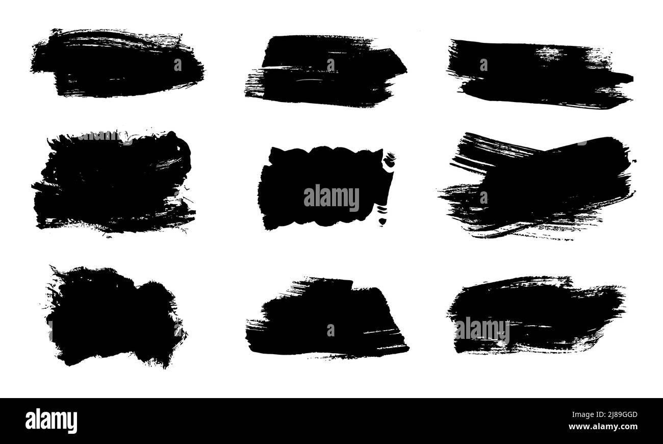 Traits de pinceau. Jeu de pinceaux vectoriels. Grunge les éléments de conception. Zones de texte rectangulaires, contour de la forme d'encre. Banderoles d'élément de conception de texture artistique sale. Texture peinte grundy isolée sur blanc. Illustration de Vecteur
