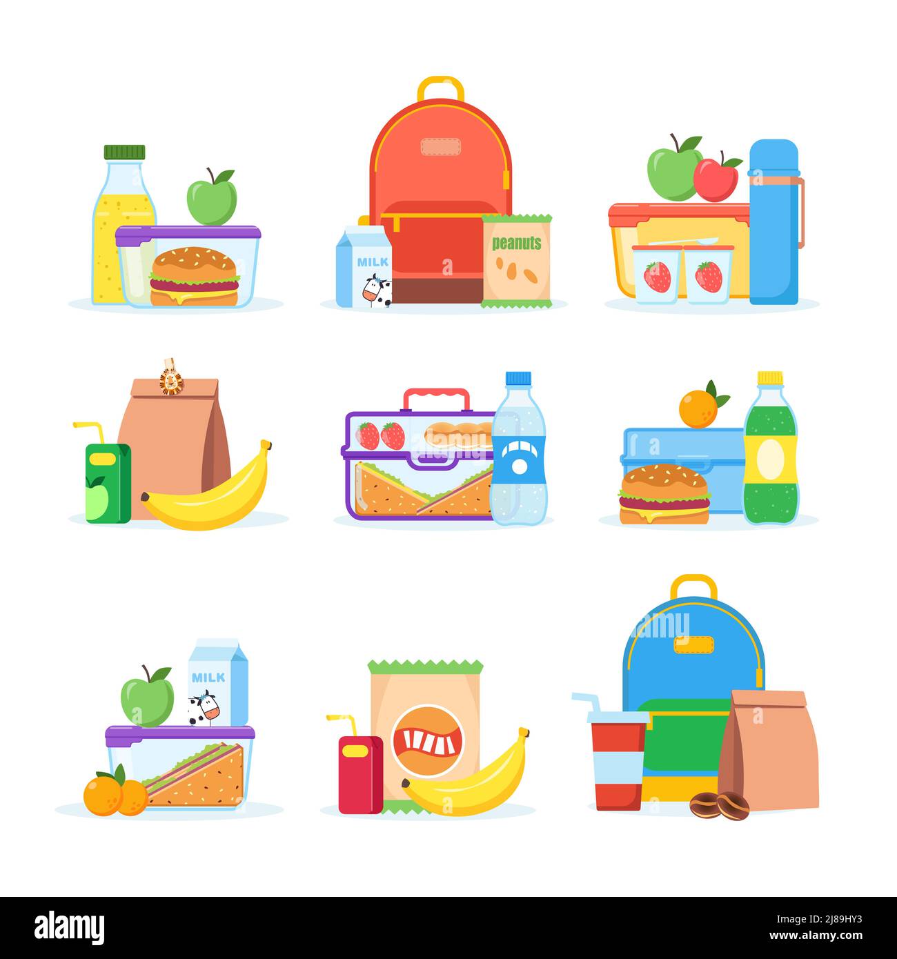 Boîte à lunch différents types de déjeuners. Boîte à lunch de l'école Vector contenant des aliments sains, des fruits ou des légumes dans un contenant pour enfants dans un sac. Jeu d'illustrations d'aliments emballés isolées sur blanc. Illustration de Vecteur