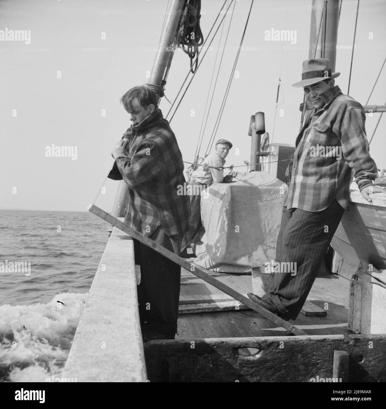 [Photo sans titre, peut-être liée à: À bord du bateau de pêche Alden, à Gloucester, Massachusetts. Une partie de l'équipage ajuste les filets de mouselage au bateau de mouselage le premier matin. Franasco Parisi contrôle du petit moteur. Cette opération est effectuée à dix noeuds par heure]. Banque D'Images