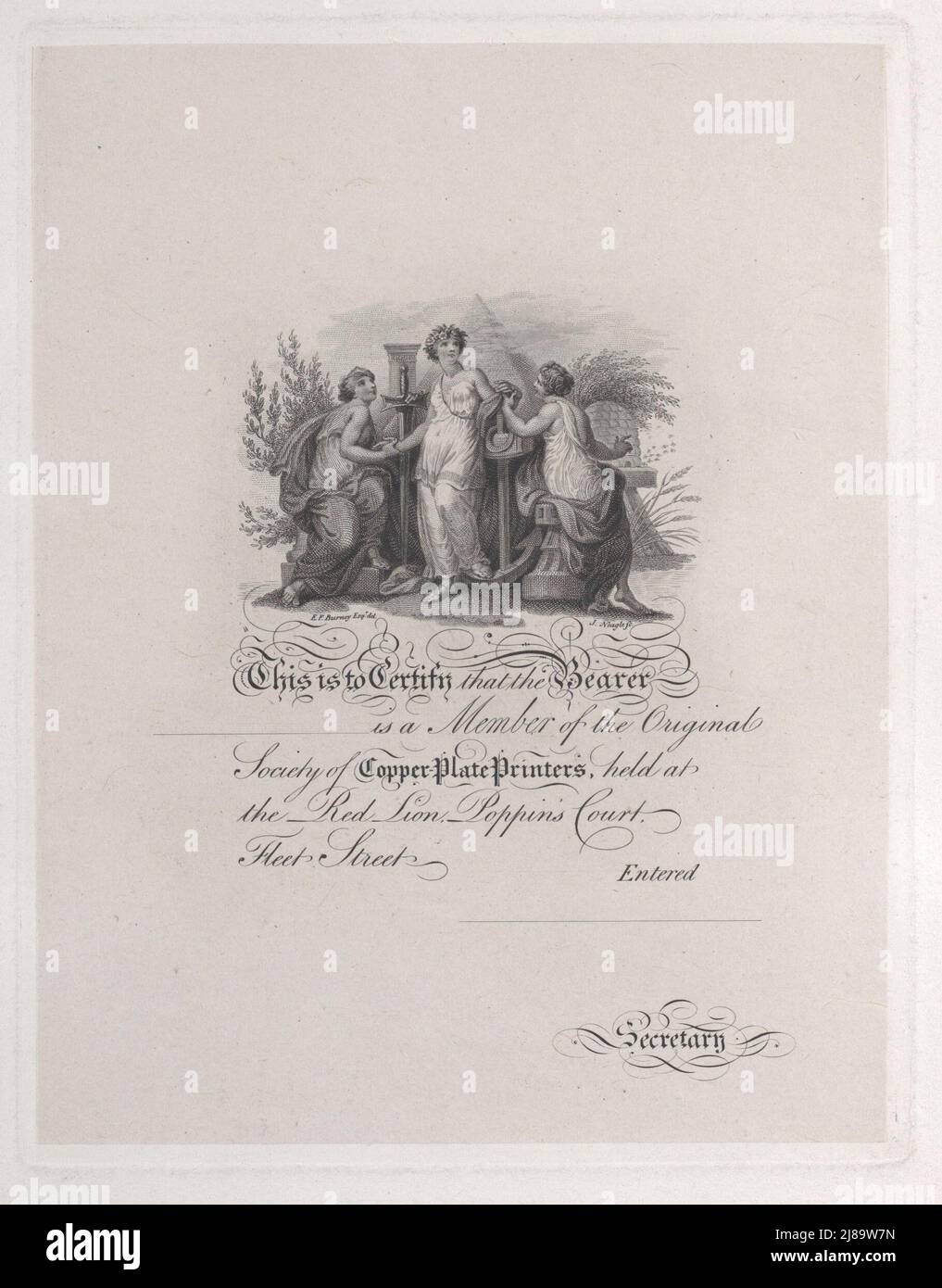 Certificat de membre de la Société des imprimeurs de plaques de cuivre, 19th Century. Banque D'Images