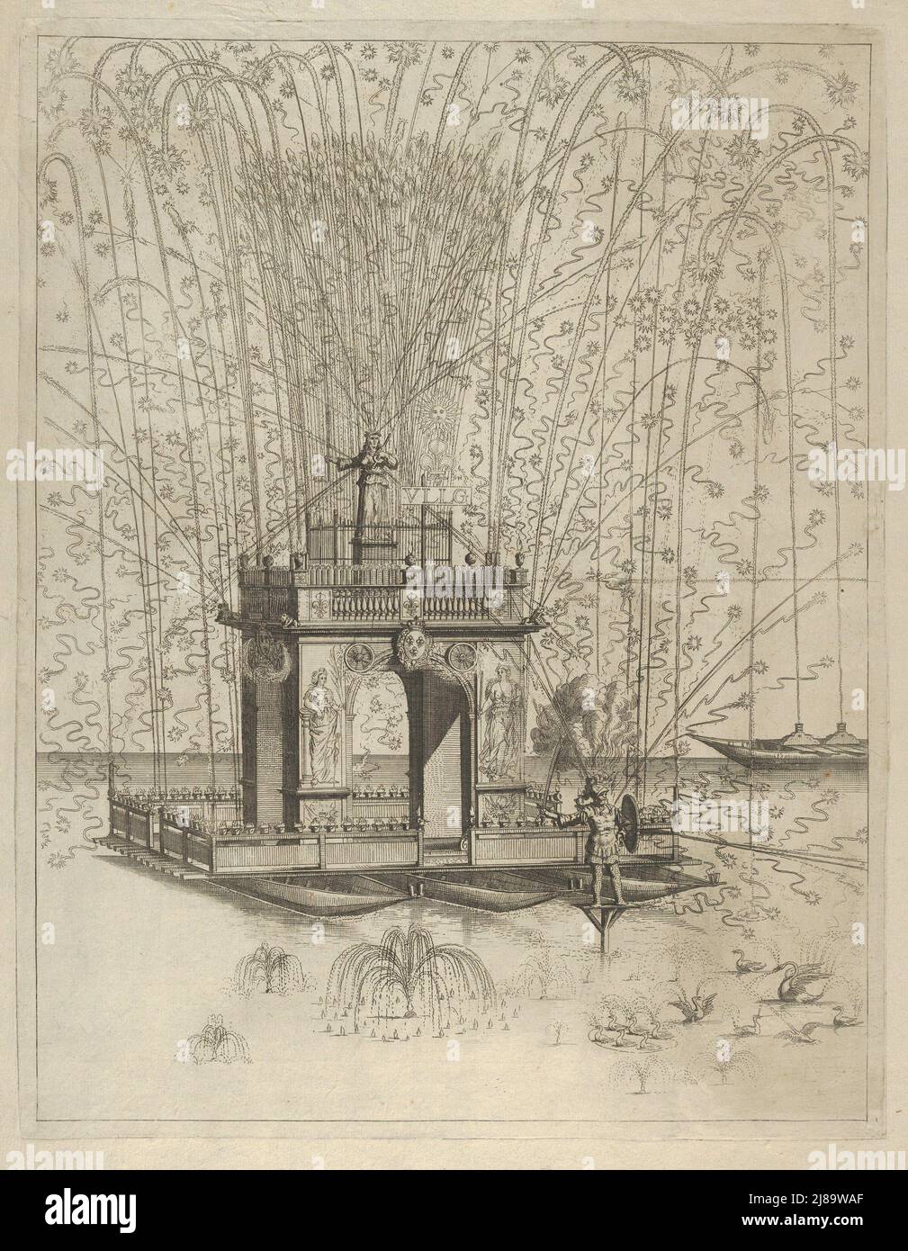 Feu d'artifice avec arche triomphale soutenue par trois pontons sur l'eau, orné des symboles de Louis XIV, 17th siècle. Banque D'Images