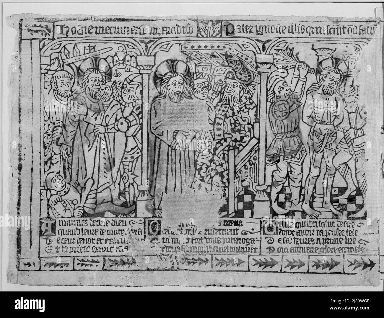 Trois fragments d'une frise de la passion : le Kiss de Judas, le Christ avant Pilate, et la flagellation; la Crucifixion et la Descent de la Croix; l'Entombment et la Résurrection, probablement de 1460 à 69. Banque D'Images