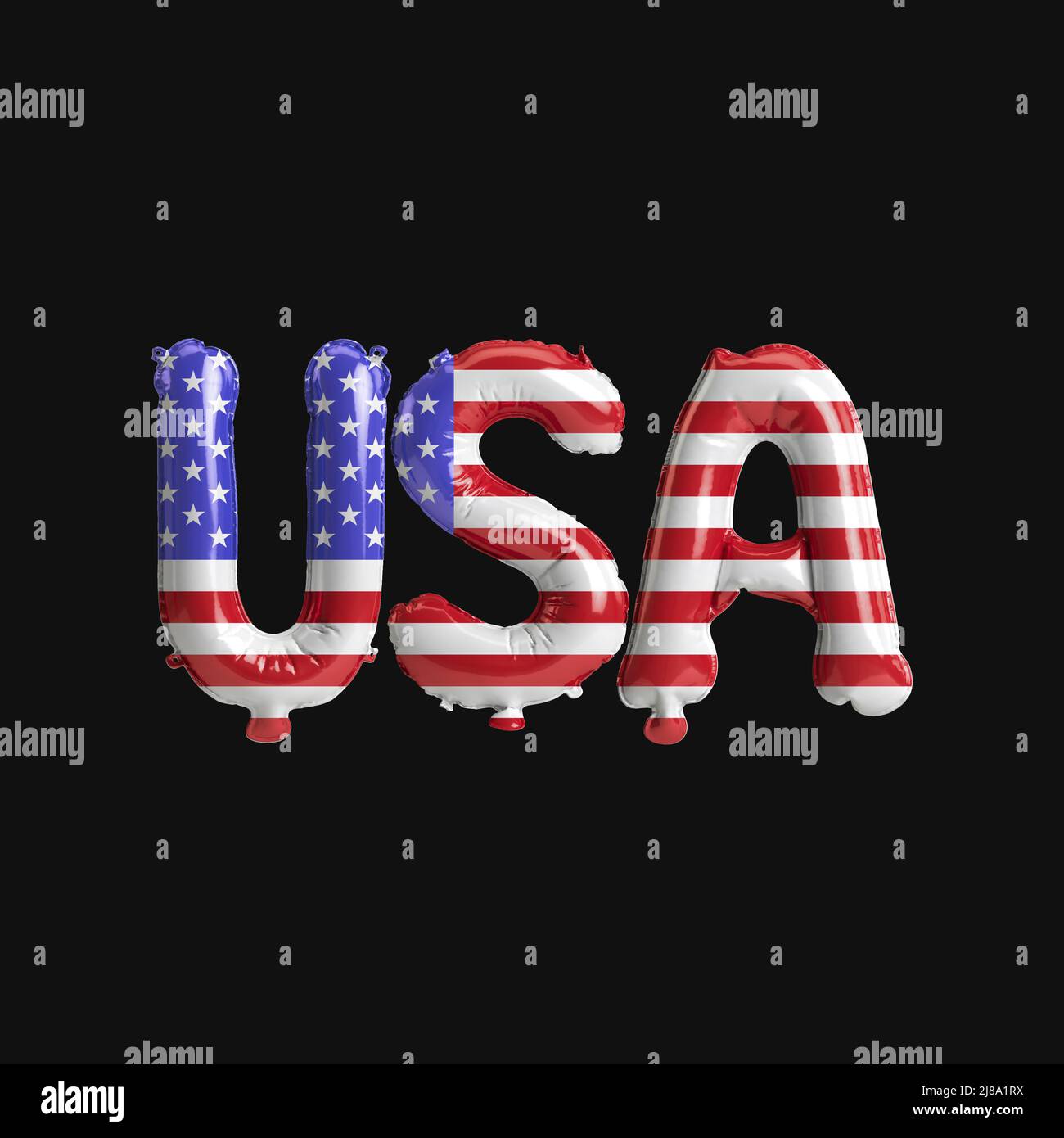 3d illustration de ballons de lettre usa avec des drapeaux de couleur etats-unis isolés sur le noir Banque D'Images