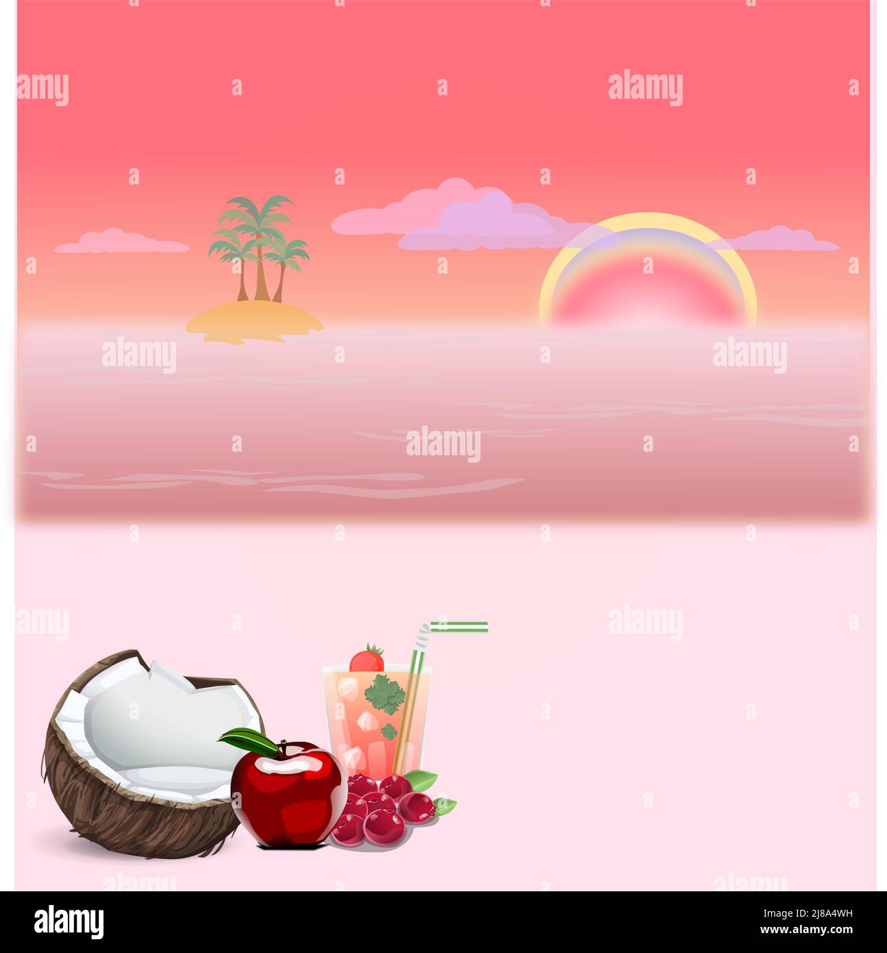 Coctel de frutas de verano de coco y manzana sobre la Arena con una isla y el sol de fondo Illustration de Vecteur