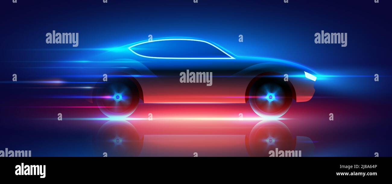 Voiture de sport en mouvement rapide avec des lampes au néon bleues et rouges fonctionnant à grande vitesse, illustration vectorielle. Illustration de Vecteur