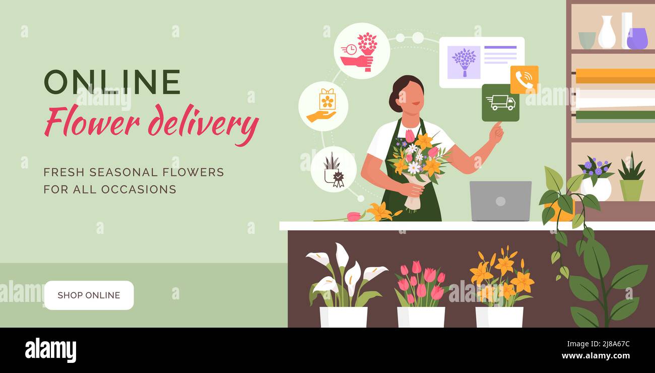 Fleuriste professionnel tenant un bouquet de fleurs et prenant des commandes en ligne, bannière promotionnelle de livraison de fleurs Illustration de Vecteur