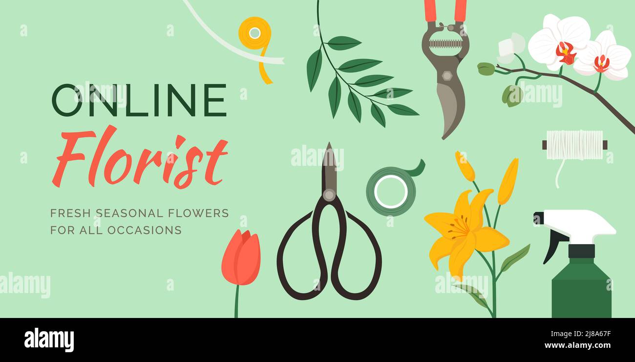 Bannière promotionnelle du service de fleuriste en ligne : de belles fleurs coupées et des outils Illustration de Vecteur